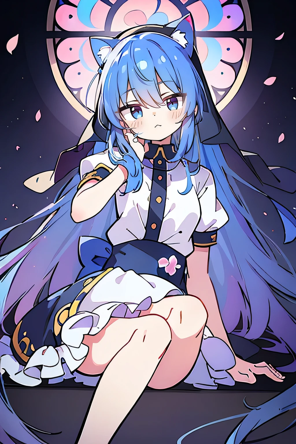 (masterpiece:1.2),Extremely detailed,Practical,expressive eyes,Fair skin,Perfect face shaping,1 Girl,
Japanese cartoons,Gorgeous blue hair, the long flowing blue hair,Floating clothes,Cat ears,Petals fall,beautiful lola,Young Angel,
Place your hands on your waist,sit elegantly on the ground,Cross your legs,Gentle and peaceful background,church,nun.