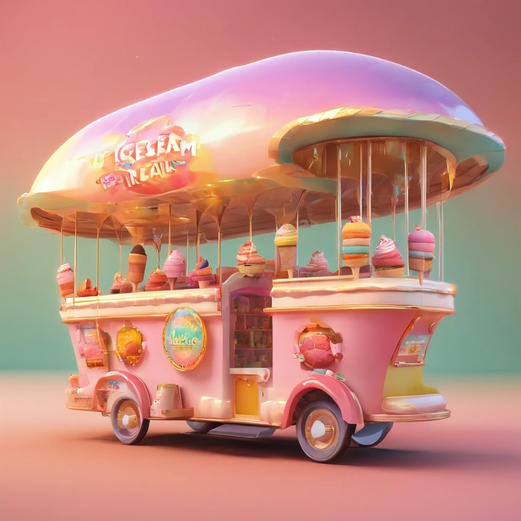 Ice cream shaped airship,colorful,vivid,An atmosphere full of dreams and hope,A masterpiece.