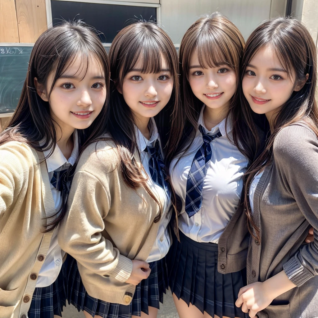 ((top-quality、masutepiece、8K、Top image quality))、Highly saturated、(Group photo of 3 high school girls:1.5)、((School uniform white shirt、Ribbon on the chest、Plaid pleated skirt))、The happiest smile、Biggest smile、Show your teeth and smile、View me、(waved hair)、The background is a school classroom、lipsticks、Perfect makeup、Emphasize body lines、large breast、(accurate ???????:1.3)、(perfect hair:1.2)、(exact cardigan:1.3)