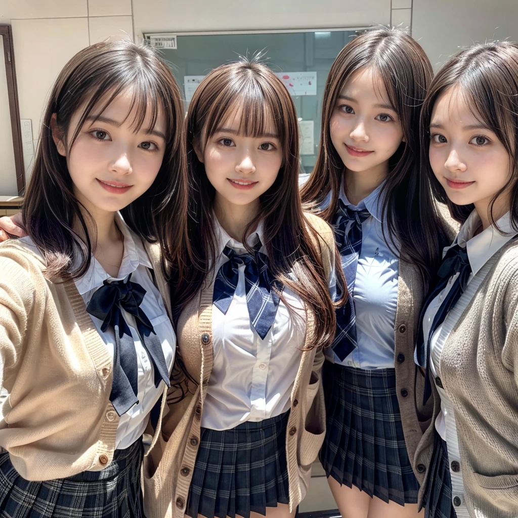((top-quality、masutepiece、8K、Top image quality))、Highly saturated、(Group photo of 3 high school girls:1.5)、((School uniform white shirt、Ribbon on the chest、Plaid pleated skirt))、The happiest smile、Biggest smile、Show your teeth and smile、View me、(waved hair)、The background is a school classroom、lipsticks、Perfect makeup、Emphasize body lines、large breast、(accurate anatomy:1.3)、(perfect hair:1.2)、(exact cardigan:1.3)