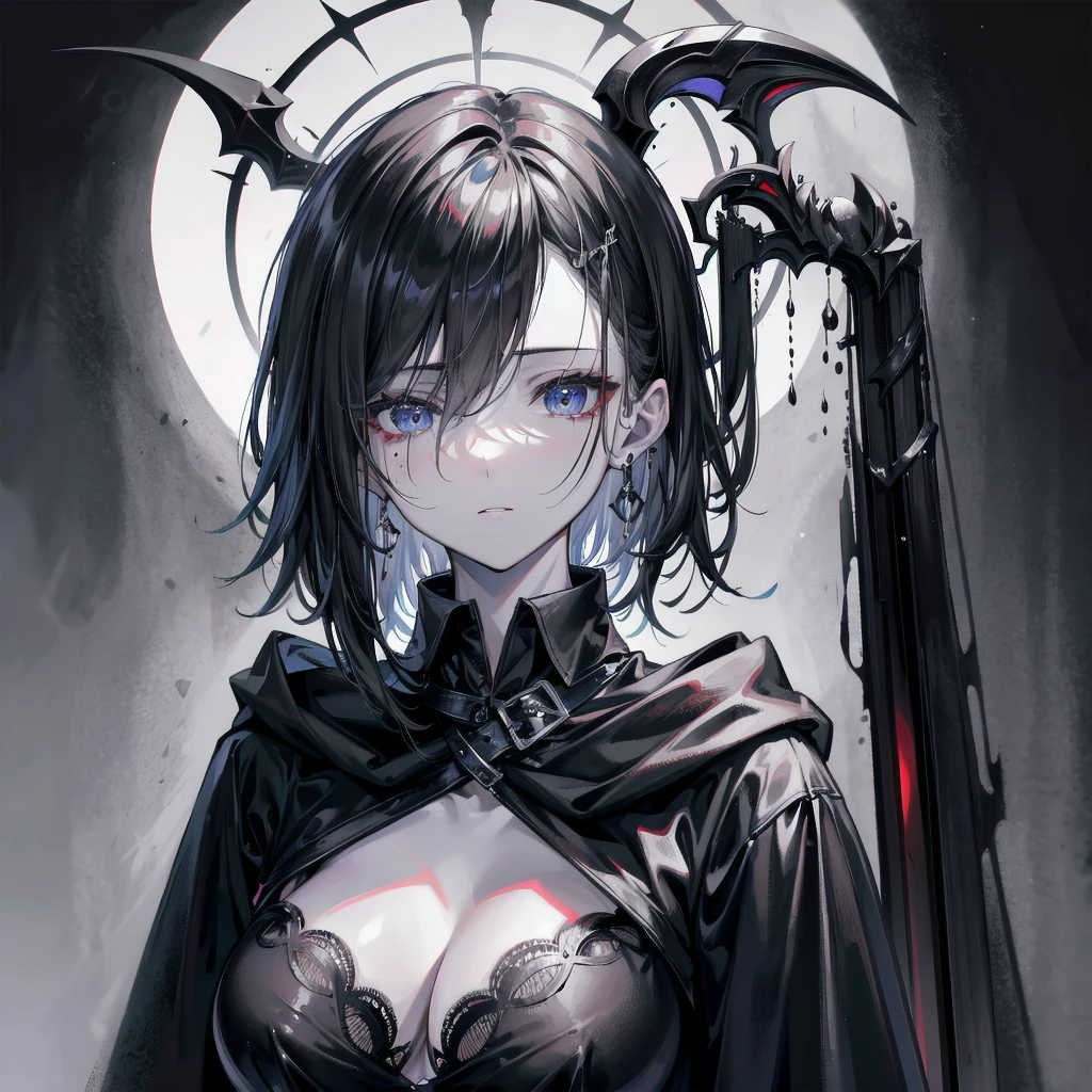 grim reaper, black scythe, absurdres, RAW photo, extremely delicate and beautiful, masterpiece, Best Quality, ultra high resolution, 32k, hyperrealistic, ultra-detailed, detailed description, pale skin, 20 years old, tearful mole, earring, short medium hair, wavy hair, whole body shot,