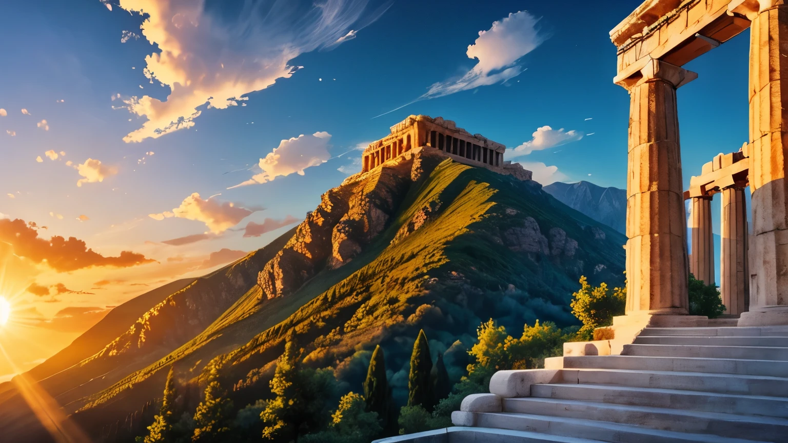 mount olympus, view from bottom, greek architecture, sun and beautiful clouds, dusk,