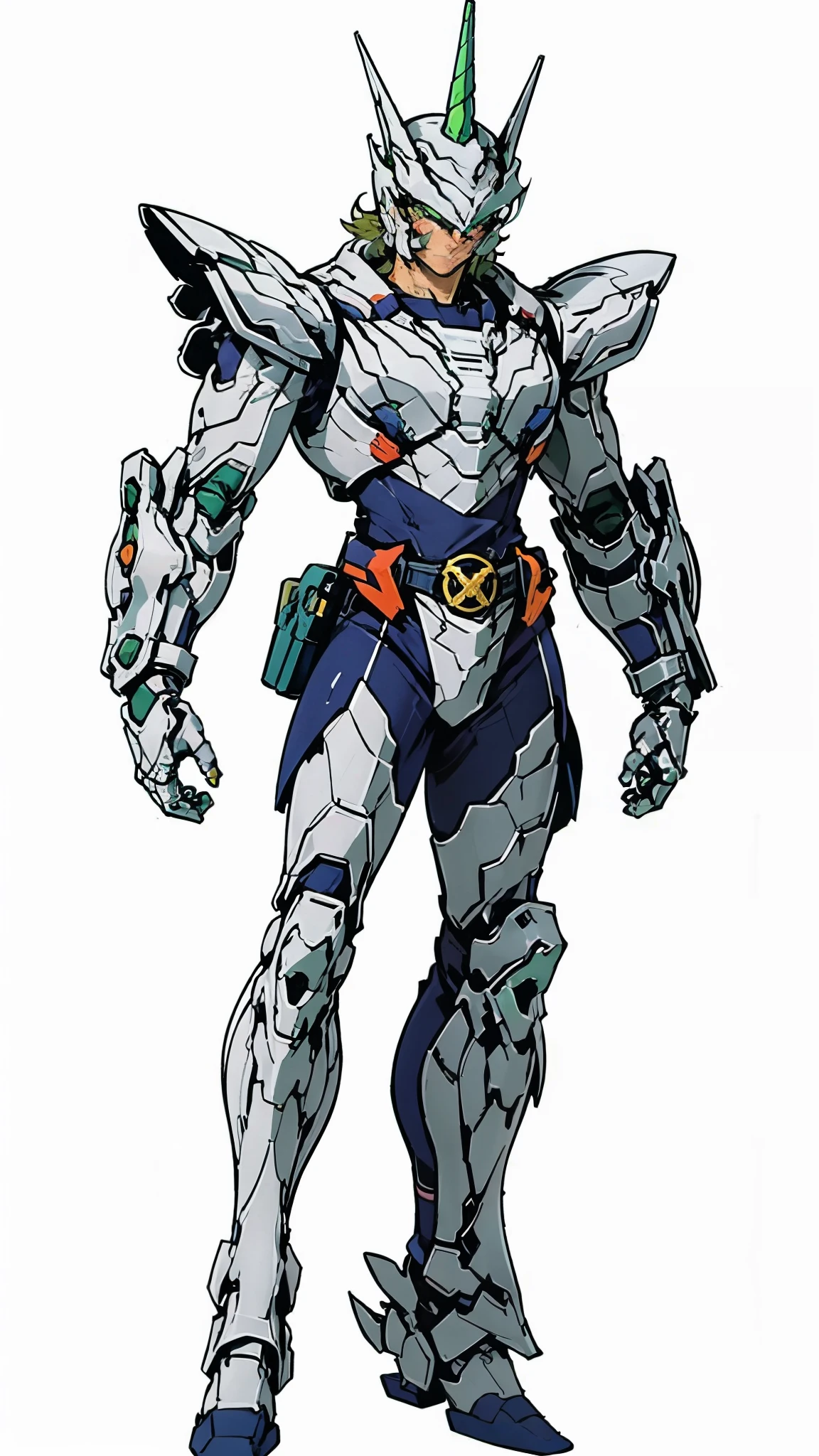 A man wearing a full-face helmet, a fantasy-style biotech armored combat suit, green eyes, (a composite layered chest armor), fully enclosed shoulder guards, matching arm and leg guards, the belt is adorned with Horseshoe-shaped marker, (the color scheme is primarily white with green accents), the design balances heavy with agility, a high-tech bio-mecha armor, (Armor Concept Inspired by Unicorn, stand on the top of a skyscraper in a futuristic sci-fi city), this character embodies a finely crafted fantasy-surreal style armored hero in anime style, exquisite and mature manga art style, (battle damage, element, plasma, energy, the armor glows), ((male:1.5)), metallic, real texture material, dramatic, high definition, best quality, highres, ultra-detailed, ultra-fine painting, extremely delicate, professional, perfect body proportions, golden ratio, anatomically correct, symmetrical face, extremely detailed eyes and face, high quality eyes, creativity, RAW photo, UHD, 32k, Natural light, cinematic lighting, masterpiece-anatomy-perfect, masterpiece:1.5