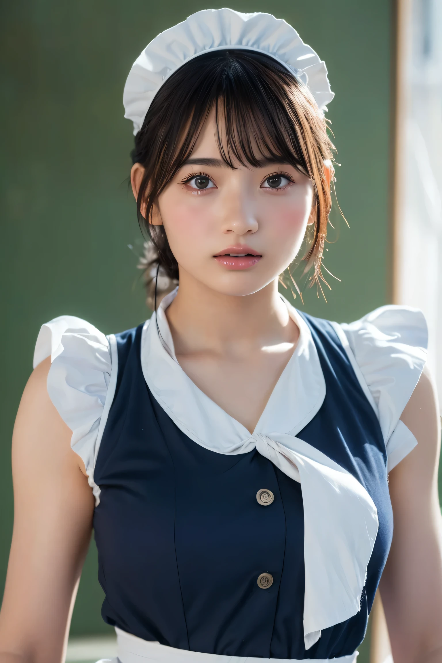 (8k, RAW Photos,highest quality, High resolution:1.1), (Ultra-realistic:1.4),(Realistic, Realistic:1.3),The Beauty of Japan、Rhythmic gymnastics club、Rhythmic Gymnastics Uniform、((Upper Body:1.3)),Maid Cafe、((Maid:1.3))
