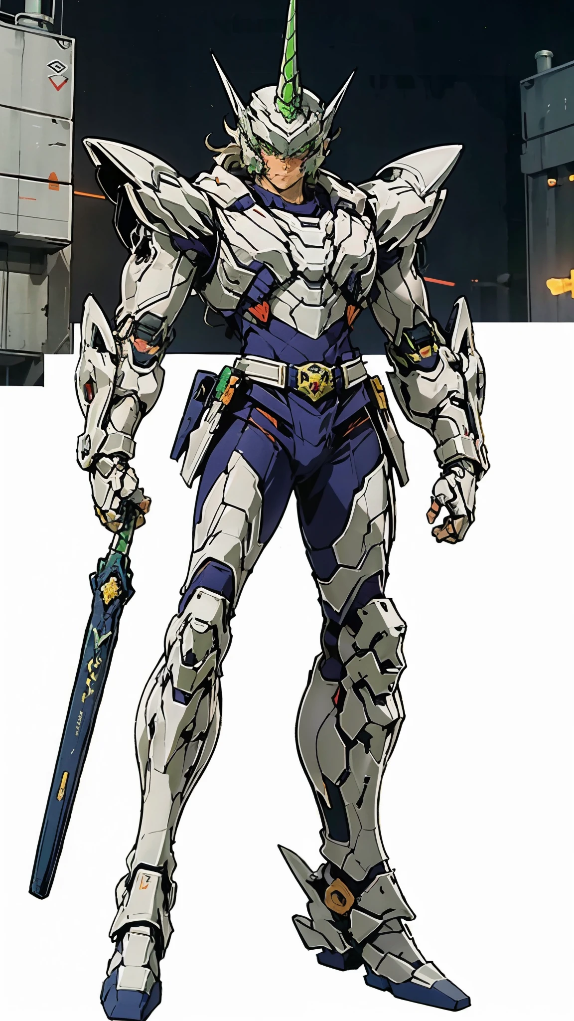 A man wearing a full-face helmet, a fantasy-style biotech armored combat suit, green eyes, (a composite layered chest armor), fully enclosed shoulder guards, matching arm and leg guards, the belt is adorned with Horseshoe-shaped marker, (the color scheme is primarily white with green accents), the design balances heavy with agility, a high-tech bio-mecha armor, (Armor Concept Inspired by Unicorn, stand on the top of a skyscraper in a futuristic sci-fi city), this character embodies a finely crafted fantasy-surreal style armored hero in anime style, exquisite and mature manga art style, (battle damage, element, plasma, energy, the armor glows), ((male:1.5)), metallic, real texture material, dramatic, high definition, best quality, highres, ultra-detailed, ultra-fine painting, extremely delicate, professional, perfect body proportions, golden ratio, anatomically correct, symmetrical face, extremely detailed eyes and face, high quality eyes, creativity, RAW photo, UHD, 32k, Natural light, cinematic lighting, masterpiece-anatomy-perfect, masterpiece:1.5