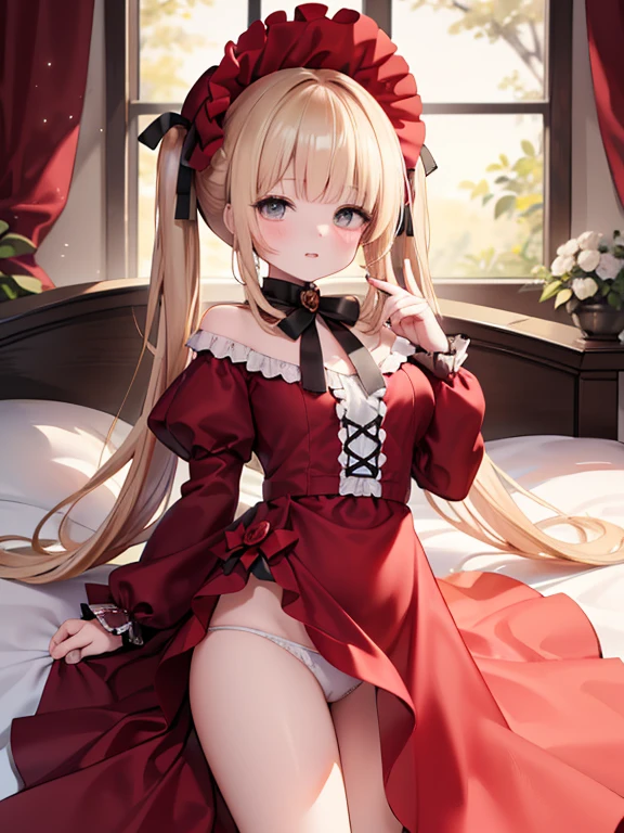 masterpiece, highest quality, Very detailed, 16k, Ultra-high resolution, Cowboy Shot, One , Detailed face, Perfect Fingers, Golden Eyes, Blonde, Original Costume, Twin tails, bonnet、Red dress、White Panties Western-style House, bed, Lie on your back