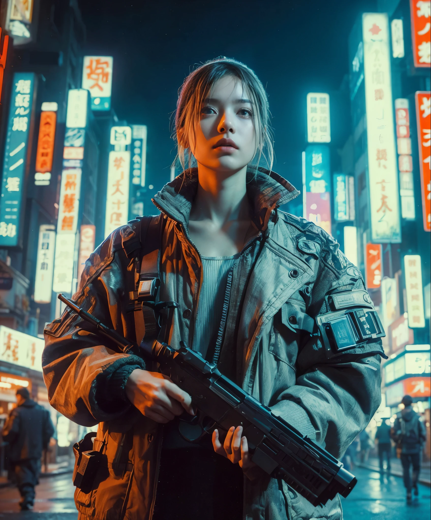 ８ｋ,Realistic Skin Texture、Realistic Photo、Neo Tokyo、Japanese women、Near future、ＡＤ2050、Dirty hunting jacket、Wearing multiple shirts and hoodies、Used automatic rifle、sneakers、Knit cap、、cold、Dynamic pose、Innovative composition、revenge、An old 1966 Ford Bronco that looks out of place in a city of the near future、cyber punk、blade runner worldview、Large neon sign、Geisha hologram sign、Strong Wakamoto Sign