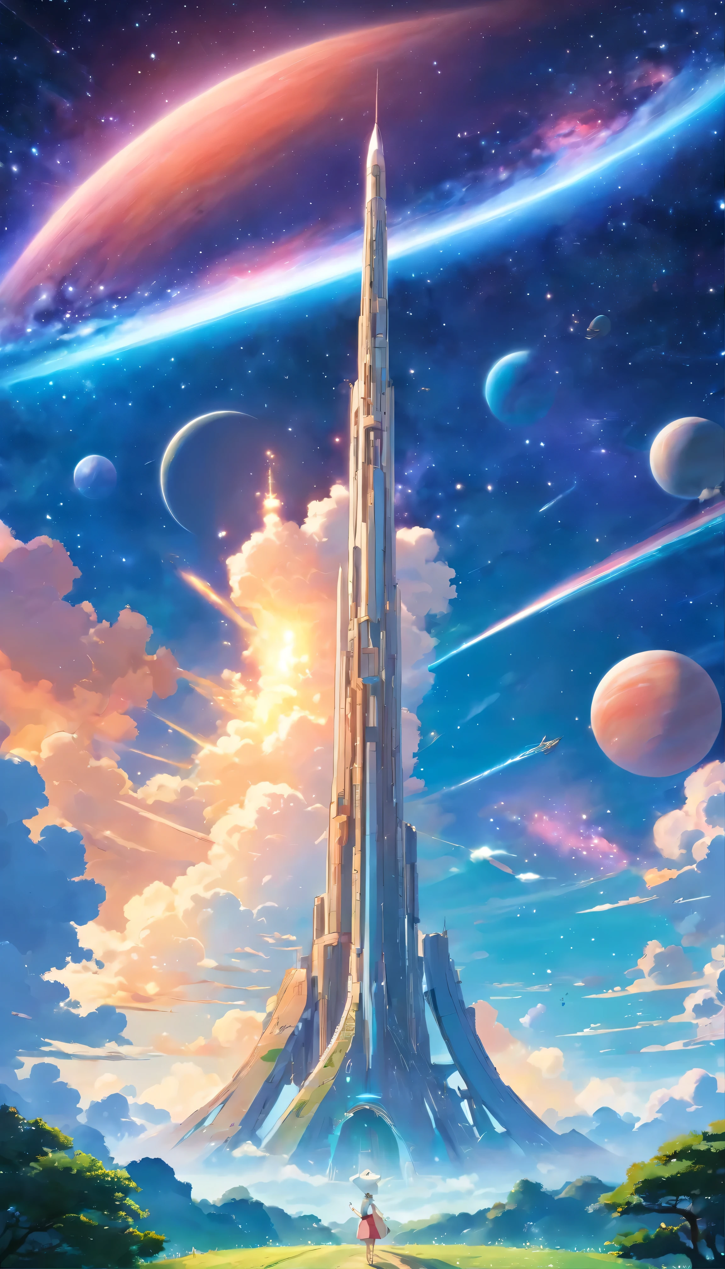 The exquisite galactic masterpiece megastructure tower is a magnificent wonder of the universe、Shining as a beacon of progress and curiosity in the vastness of the universe、It encapsulates the pinnacle of interstellar creativity and genius.。The structure is a perfect blend of advanced technology and fantastical whimsy.、An 8K CG masterpiece that effortlessly blends the boundaries of science fiction with the ethereal wonder of space.。The slender and pointed shape、Gracefully tapering towards the sky、Distant Star々It captures the light and shadow of、It is a testament to the grandeur of the creation.。