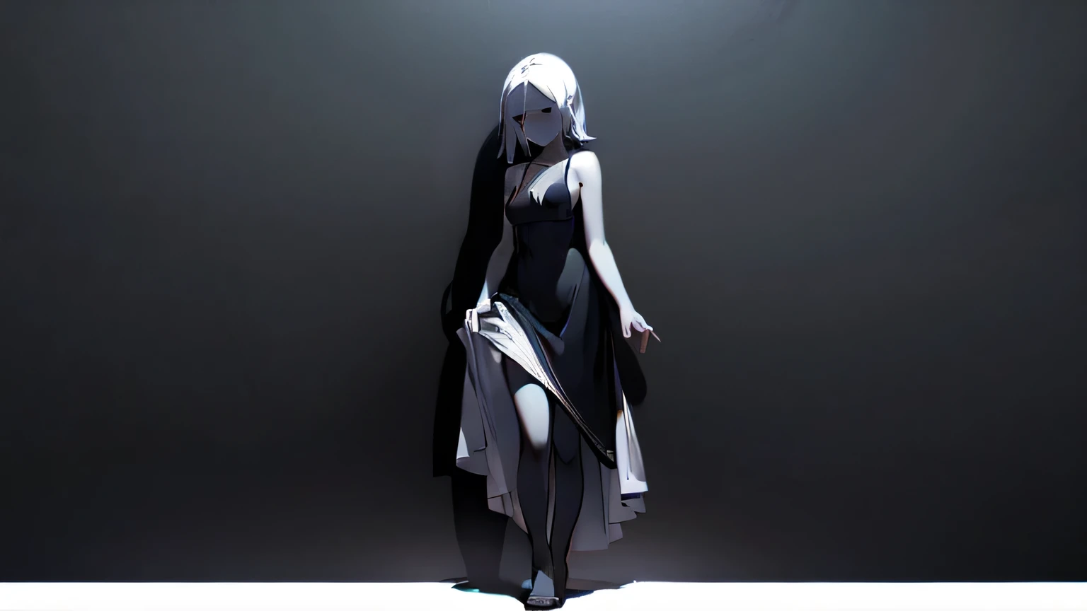 ((alone, Black background, Black and White, dark, Shadow)), girl standing in darkness, black eye, ((White skin, Black Dress, Small breasts, Cleavage, Expressionless)), standing on the right