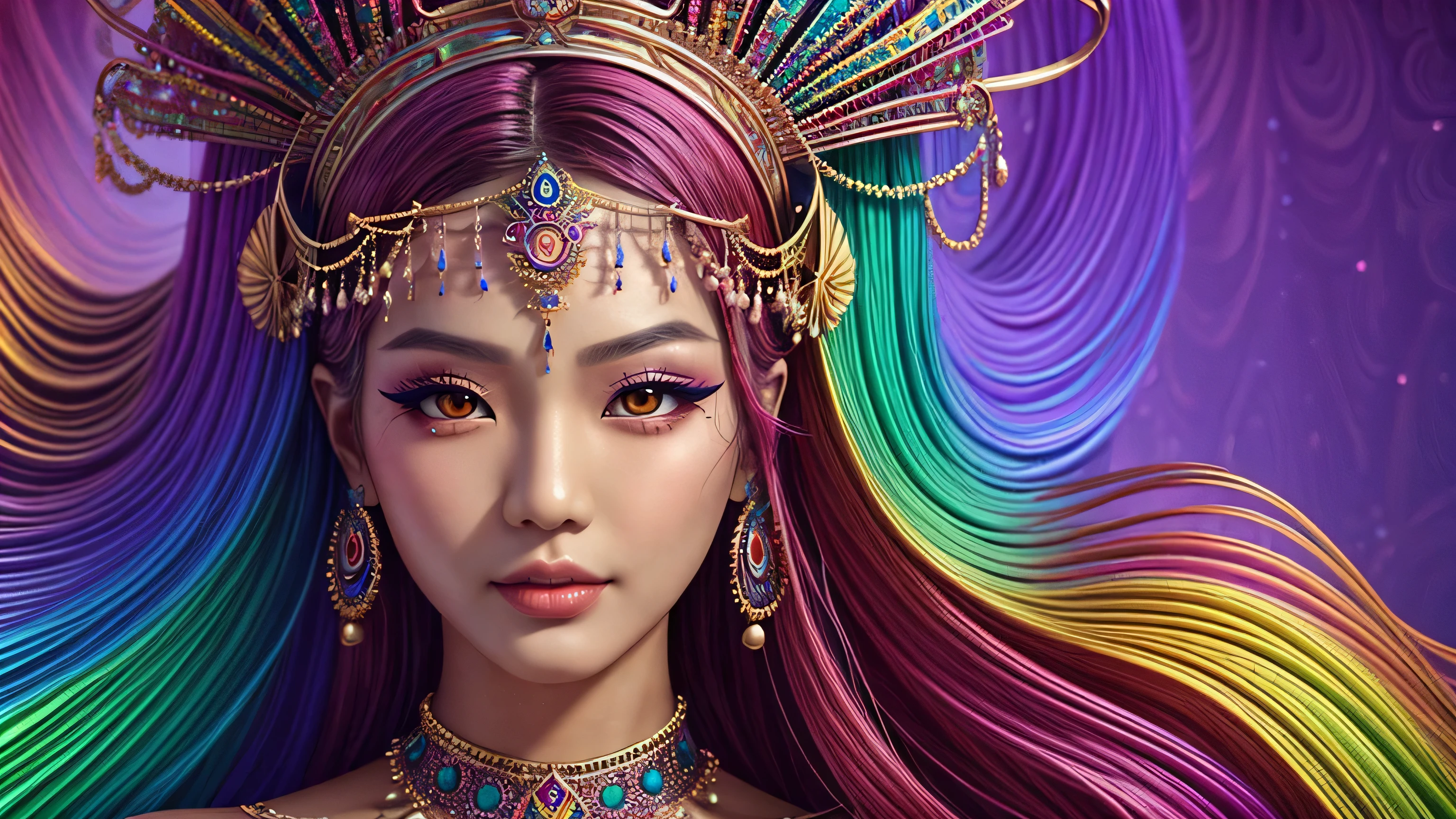 Close-up of a woman wearing a colorful headdress and makeup., colorfull digital fantasy art, exquisite digital illustration, psychedelic goddesses, Spectacular digital art, Highly detailed digital art, fantasy art behance, 3 d goddesses portrait, goddesses. very high details, beautiful digital artwork, (Realistic face details), intricate detailed, very high details, photo-hyper-realistic, 8k, UHD, hyperdetailed,