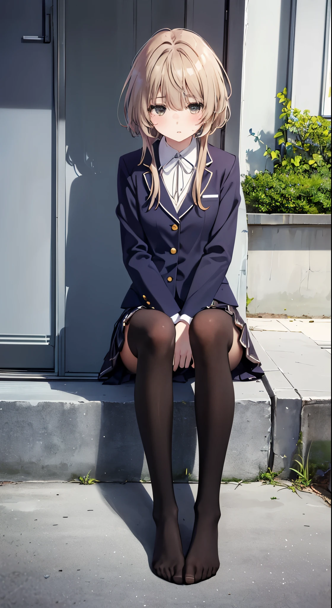 Top quality, masterpiece, High resolution, (Head to toe full body), front, frontやや下からの構図, Symmetric, Tall 18 year old girl, alone, (Head to toe), (Small breasts), Unkempt brown hair, bangs, (black tights), (Black Pantyhose), (Sit with your legs apart), (Crouching pose), (A composition showing white panties), (her legs spread、White panties are visible.), (Sit on the floor with your legs spread), (M-shaped feet), Thin legs, A very beautiful and tall 18 year old girl, (No shoes), blush, Shy big eyes, looking at the camera, Blazer uniform, Checkered pleated skirt