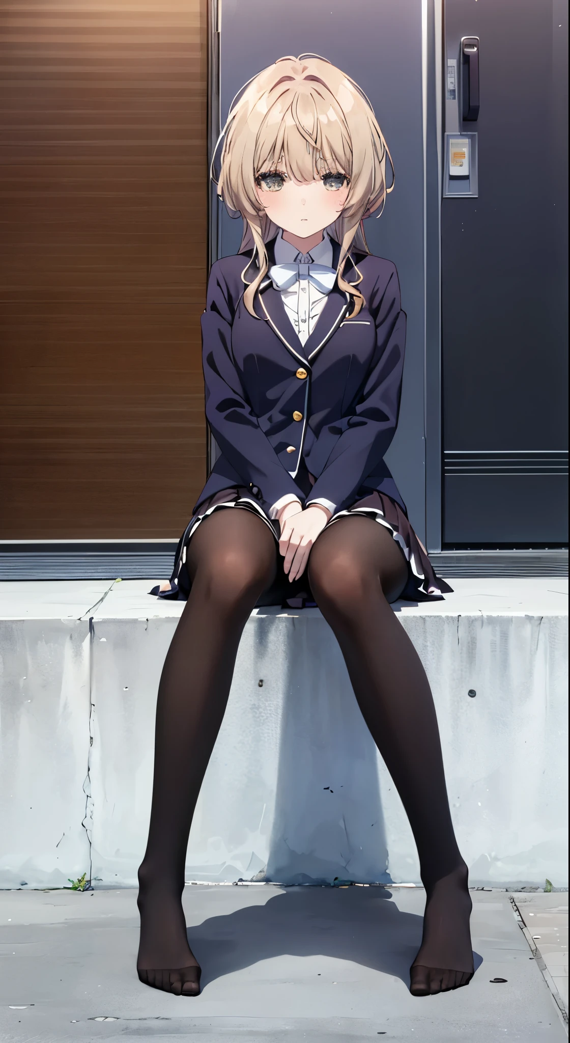 Top quality, masterpiece, High resolution, (Head to toe full body), front, frontやや下からの構図, Symmetric, Tall 18 year old girl, alone, (Head to toe), (Small breasts), Unkempt brown hair, bangs, (black tights), (Black Pantyhose), (Sit with your legs apart), (Crouching pose), (A composition showing white panties), (her legs spread、White panties are visible.), (Sit on the floor with your legs spread), (M-shaped feet), Thin legs, A very beautiful and tall 18 year old girl, (No shoes), blush, Shy big eyes, looking at the camera, Blazer uniform, Checkered pleated skirt