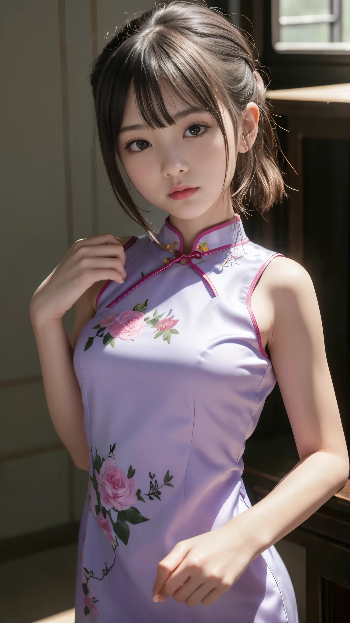 ((highest quality, 8K, masterpiece)), (whole body), (8-Head Beautiful Girl), (Cute cheongsam:1.4), (Beautiful small face:1.2), Tyndall effect, Dark studio, Rim Light, Two-tone lighting, (High resolutionの肌:1.2), Ultra HD, Digital SLR, Soft lighting, Volumetric lighting, Candid photos, High resolution, (Photorealistic:1.3), (Accurate Shadows:1.2), (Perfect body), (Beautiful breasts), (Detailed eyes and face:1.2), (Detailed hands:1.2), ('s small hand:1.3), (Perfect Anatomy:1.3), A single photo, (View the viewer), (smile), (Chest Opening:1.3), (Layered Haircut:1.3)