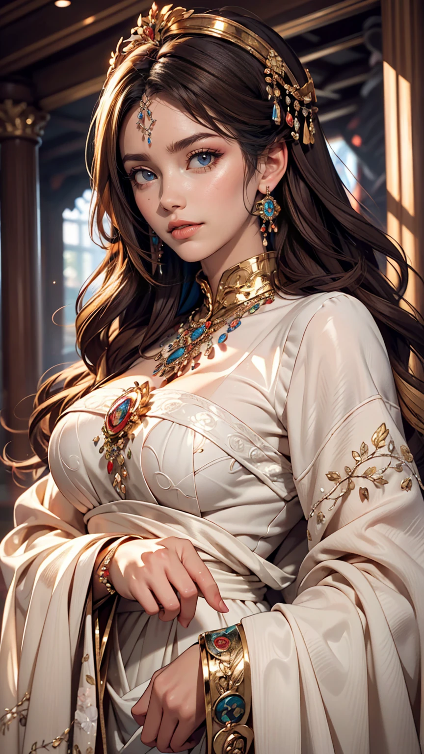 masterpiece, highest quality, masterpiece, God-like quality, Godly art, Highly detailed face, Very realistic, cute, young woman, smile, Big eyes, Long eyelashes, Multicolored Hair, Variegated eyes, Shiny skin, Fuller lips, Big Lips, Shiny skin, Blushing, Nice views