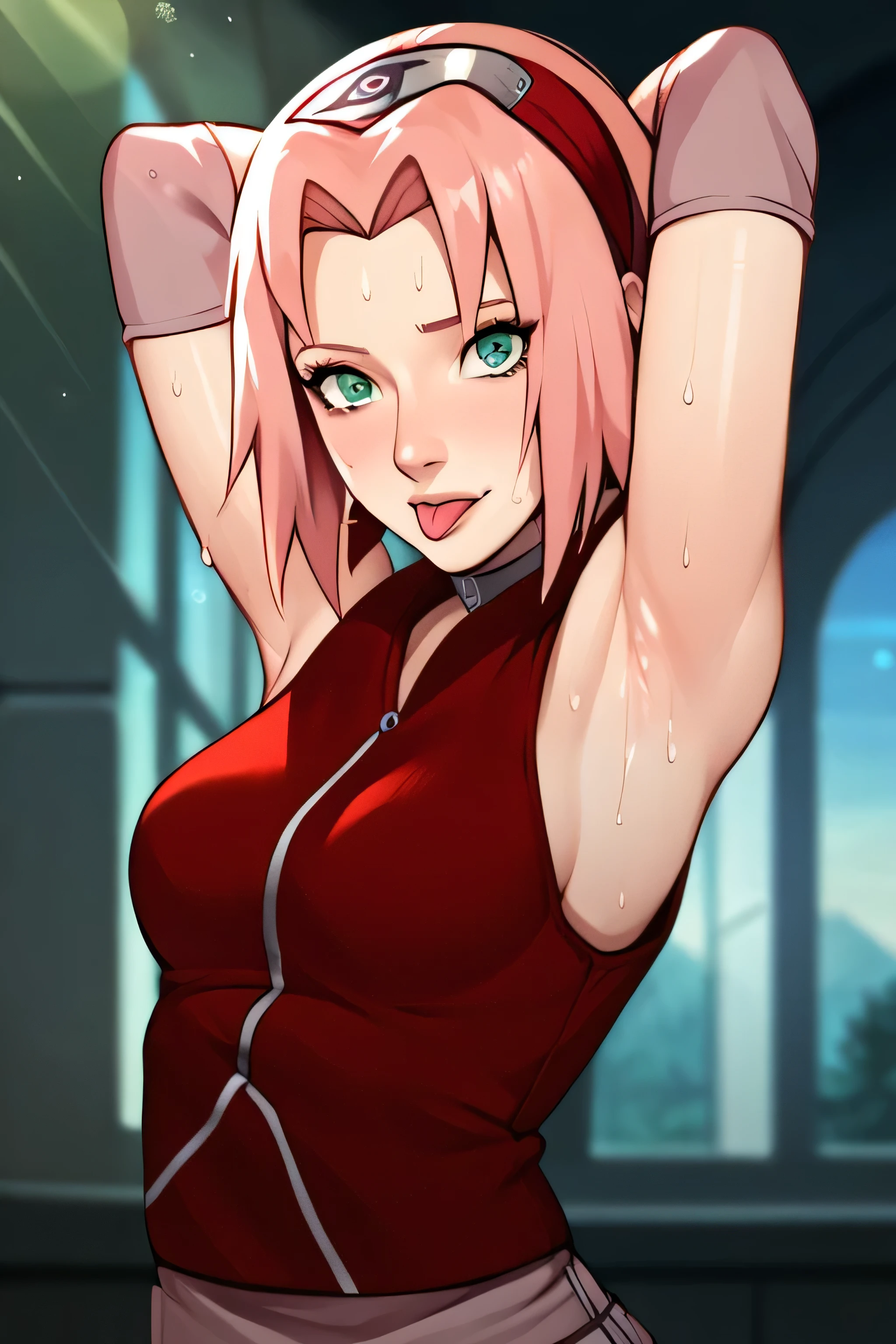 score_9,score_8_up,score_7_up,score_6_up,score_5_up,score_4_up BREAK skinny,choker,medium breasts,detached sleeves,outdoors,forest,shiny skin,bokeh,bloom,indoors,light particles,castle,space,1girl,haruno sakura,pink hair,short,hair,green eyes,forehead protector,,sleeveless,arms behind head,armpit,armpits,sweaty,sweat,arms behind head,exhausted,sleeveless,cross eyed,sweaty armpits,eyes crossed,cross eyed,eyeroll,tongue out,protruded tongue,showing tongue,tongue