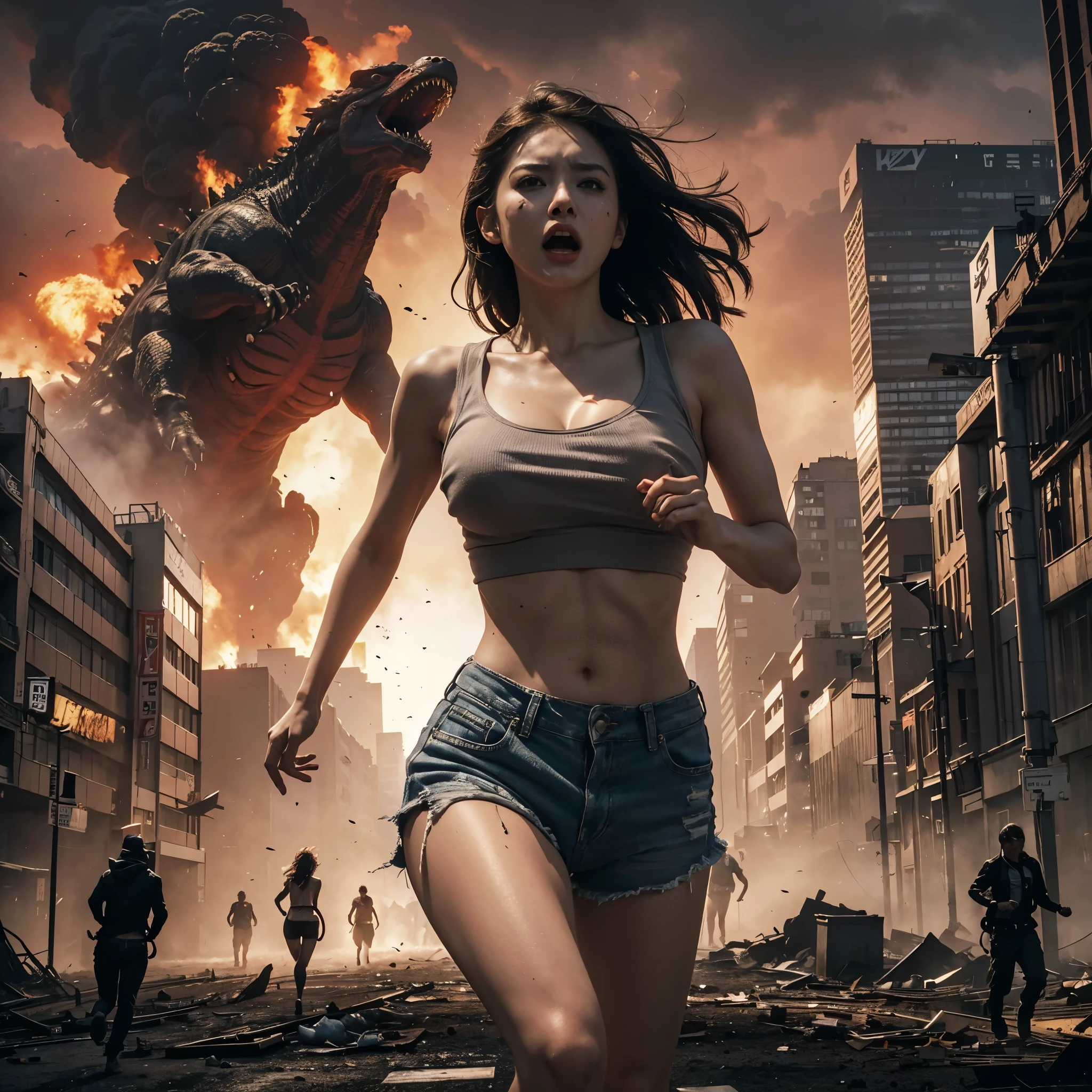 (very sharp photo result & detailed face) (Best Quality), (masterpiece), (hyper realistic photo) low angle photo, cinematic, red dramatic sky in chaos situation when furious big kaiju godzilla attack tokyo, (a pretty girl running with scare, panic expression, wearing only ripped clothes, big breast, cleavage shown, nipples transparently shown, show her tanktop & hotpants) moist skin, face expression facial details, pore skin, barefoot, with background ruins building, explosion, dust & debris everywhere, peoples running panic, gritty atmosphere, city is on fire, UHD, 8K