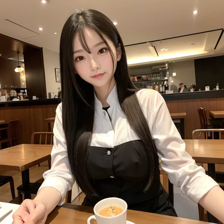 This is a single photo,Taiwanese long-haired beauty dines at the restaurant table,Wearing sexy casual clothes。