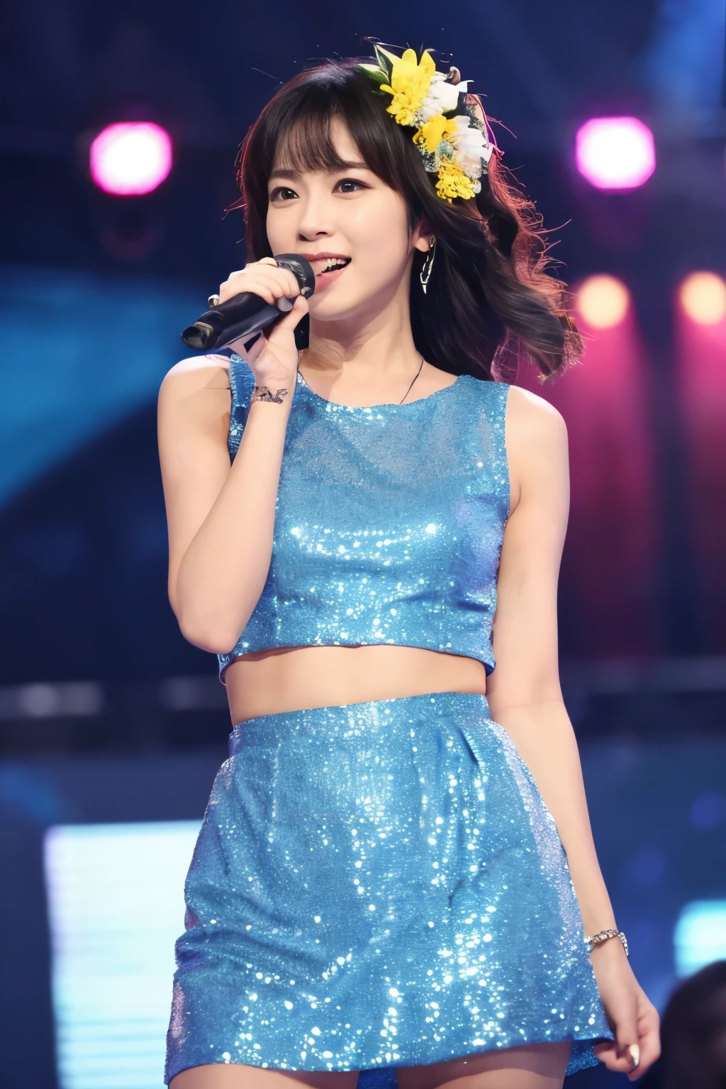 Masterpiece, High quality, high resolution, Skinny Japanese woman, 24 years old, cute face, ((detailed face, detailed eyes)), small breasts, very thin waist, slender legs, singing on the stage in her concert, Idol singer, colorful costume