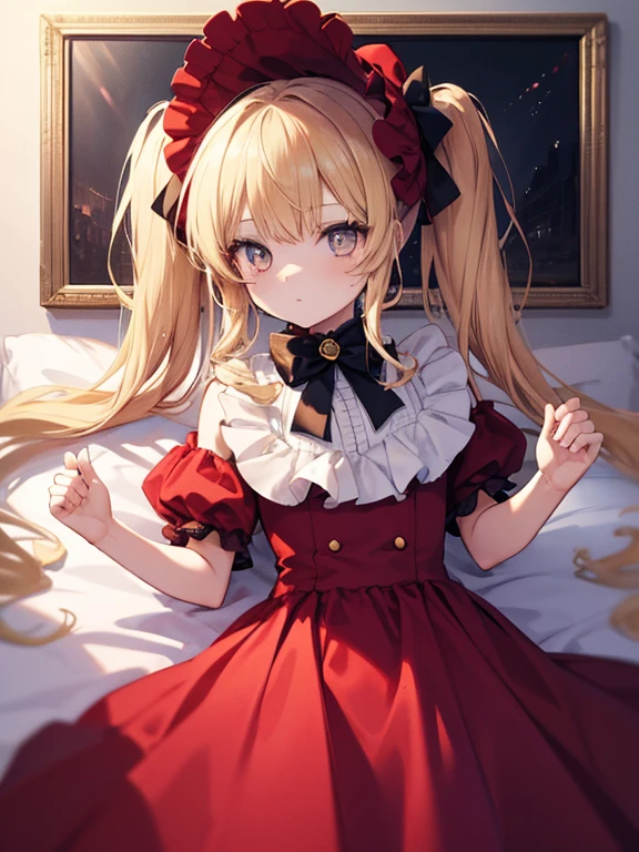 masterpiece, highest quality, Very detailed, 16k, Ultra-high resolution, Cowboy Shot, One 8-year-old girl, Detailed face, Perfect Fingers, Golden Eyes, Blonde,  Original Costume, Twin tails, bonnet、Red dress、White Panties Western-style House, bed, Lie on your back