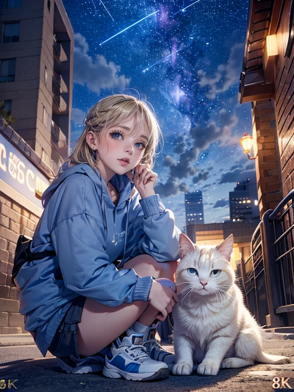 Relaxed character and white cat,absurderes, ultra-detailliert,bright colour,(in 8K:1.3),masuter piece,extremely beautiful detailed face and eyes, 25 years old, Aurora、city light、constellation、Crescent,intergalactic,lamp post, Particles of light, long-sleeve, milkyway, natta, nigh sky, outside of house, planetes, Power lines, shooting stars, sitting on, Sky, Skyscraper, solo、crouching down、Stargazing,Star_\(skyporn\)、starrysky、Starry Sky Print、telescopes、Winters、(Smooth straight blonde hair:1.3), (Shiny hair:1.2), Delicate beautiful face, red blush、Deep Blue Eyes, Happy smiling face,Small necklace,