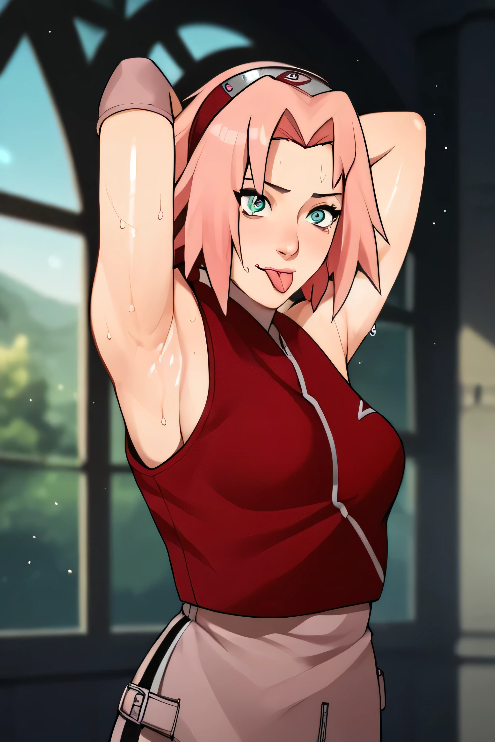 score_9,score_8_up,score_7_up,score_6_up,score_5_up,score_4_up BREAK skinny,choker,medium breasts,detached sleeves,outdoors,forest,shiny skin,bokeh,bloom,indoors,light particles,castle,space,1girl,haruno sakura,pink hair,short,hair,green eyes,forehead protector,,sleeveless,arms behind head,armpit,armpits,sweaty,sweat,arms behind head,exhausted,sleeveless,cross eyed,sweaty armpits,eyes crossed,cross eyed,eyeroll,tongue out,protruded tongue,showing tongue,tongue