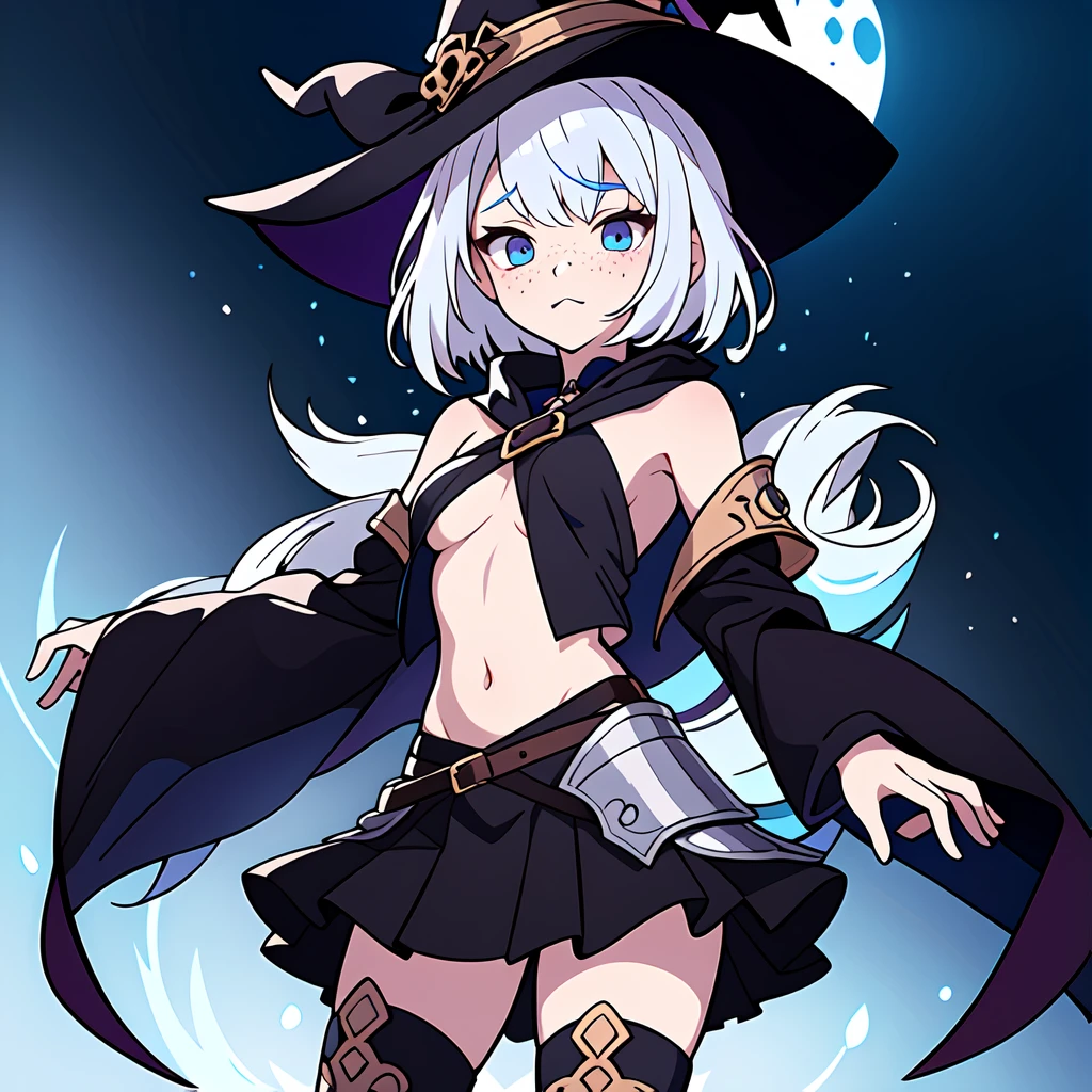 witch hat, white hair, long bangs, short hair, freckles, underboob, Jacket, armor, exposed shoulders, thighhighs boots, skirt, cute pose, UWU face