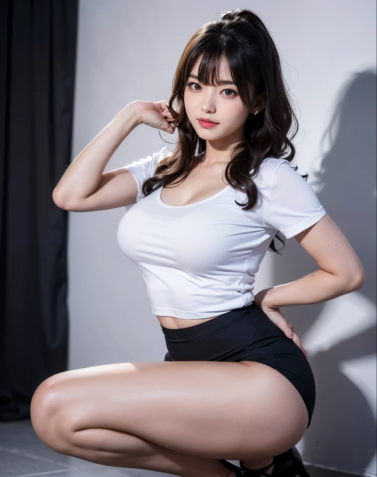 (8k, RAW Photos, highest quality, masterpiece:1.2), Super Resolution, (Realistic, Realistic Photo:1.37), whole body, 頭からつま先までwhole body, High-resolution RAW color photos, Professional photos, Very detailed, 8k wallpaper, Very detailed美少女, Very detailed顔, Very detailed目, Very detailed肌, Very detailed指, Very detailed鼻, Very detailed詳細な口 , Very detailedな脚, Perfect Anatomy, Very detailed背景, Very detailed衣服, 1 girl, (18:1.2), Age 25, Fair skin, Oily and shiny skin , Curly Hair, (bangs:1.2), smile, Cute Face, Realistic face, Chibi T-shirt, Micro Mini Skirt, Squat with your butt facing the camera, Dynamic Lighting, Very large breasts, stockings, High heels