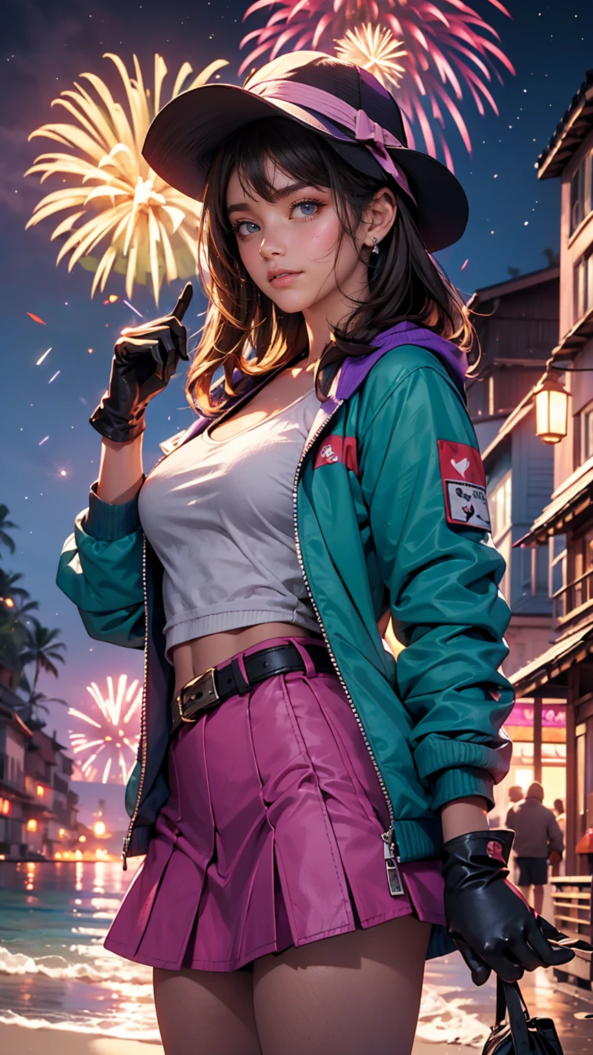 masterpiece, highest quality, Mouse Egret, Purple hat, Hair Clip, Green ribbon, Purple Jacket, White gloves, belt, Purple Mini Skirt, Upper Body, Blushing, smile, View Viewer, Beach, night, moon, firework, Place your hand on your chest