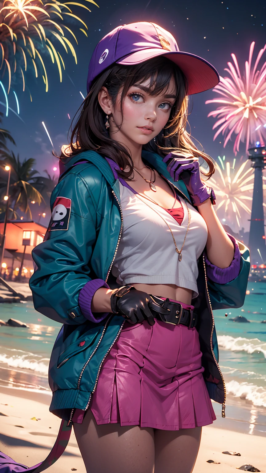 masterpiece, highest quality, Mouse Egret, Purple hat, Hair Clip, Green ribbon, Purple Jacket, White gloves, belt, Purple Mini Skirt, Upper Body, Blushing, smile, View Viewer, Beach, night, moon, firework, Place your hand on your chest