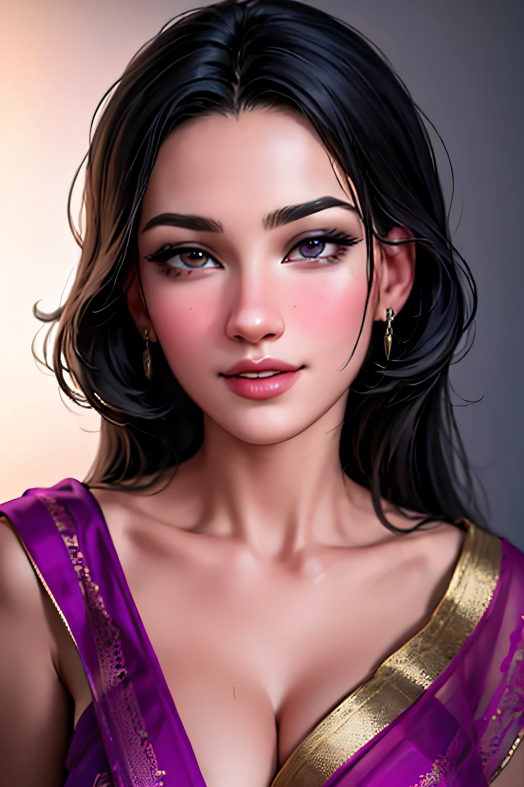 (best quality,4k,8k,highres,masterpiece:1.2),ultra-detailed,(realistic,photorealistic,photo-realistic:1.37),portrait,sexy woman,long straight black hair,detailed eyes,detailed lips,beautiful face,navy blue saree,silver embroidery,seductively gazing,smiling,blushing intensely,perfect body,hot body,vivid colors,studio lighting