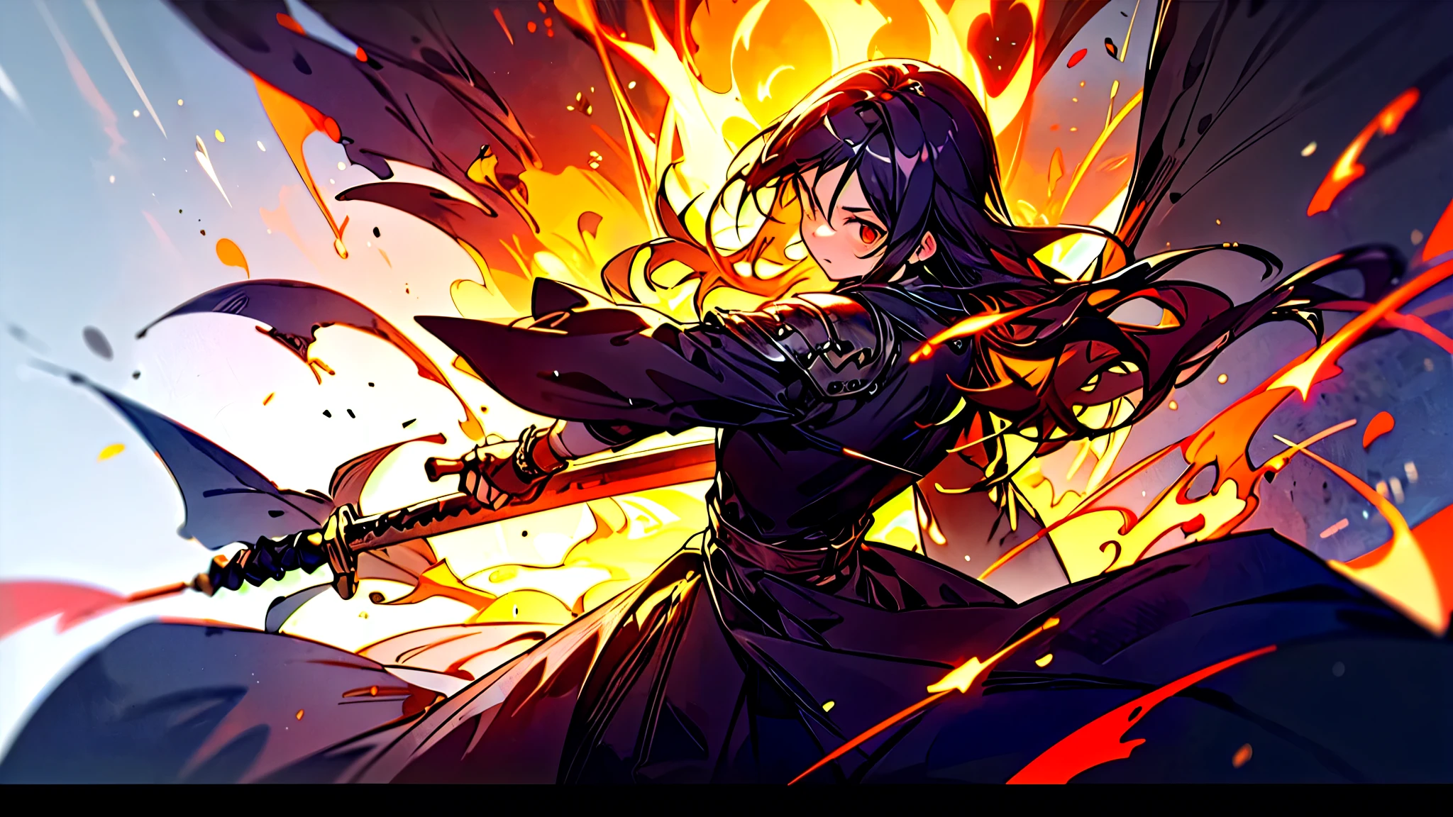 highest quality、anime、Medieval Europe、Fantasy、A female adventurer determined to face her enemies on the battlefield.、Background flames、Cut through the flames with a sword、High tension and dramatic atmosphere、Vibrant colors