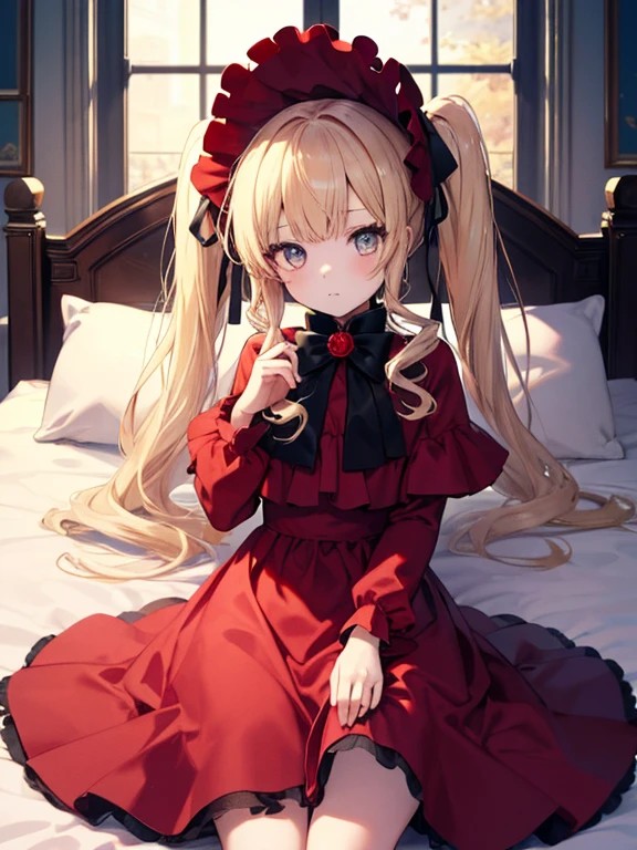 masterpiece, highest quality, Very detailed, 16k, Ultra-high resolution, Cowboy Shot, One 8-year-old girl, Detailed face, Perfect Fingers, Golden Eyes, Blonde,  Original Costume, Twin tails, bonnet、Red dress、White Panties Western-style House, bed, Lie on your back