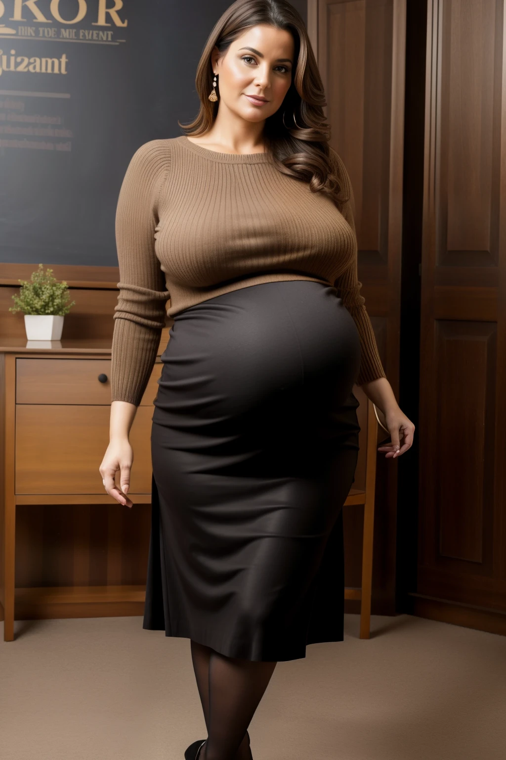 fine art portrait of a very pregnant 45yo European teacher, voluptuous, curvy hourglass figure, highest quality, sexy face high resolution, Eleonora Pavinat 45yo old, sexy knitted sweater, sexy skirt, very long leather skirt, high heels, woman with huge breasts:1.5, curvy hourglass figure, huge protruding pregnant belly, walking through the crowded classroom, extremely erotic lady