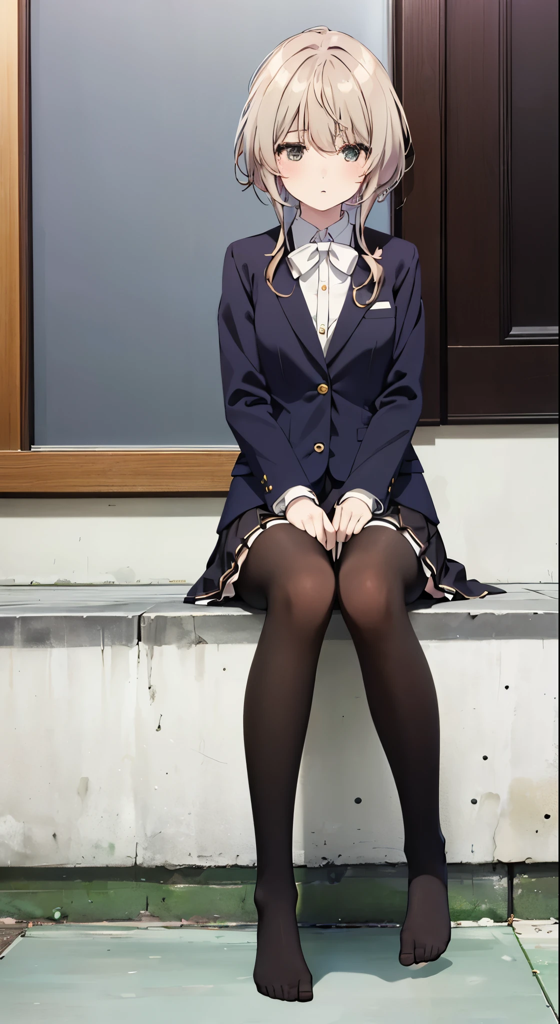 Top quality, masterpiece, High resolution, (Head to toe full body), front, frontやや下からの構図, Symmetric, Tall 18 year old girl, alone, (Head to toe), (Small breasts), Unkempt brown hair, bangs, (black tights), (Black Pantyhose), (Sit with your legs apart), (Crouching pose), (A composition showing white panties), (her legs spread、White panties are visible.), (Sit on the floor with your legs spread), (M-shaped feet), Thin legs, A very beautiful and tall 18 year old girl, (No shoes), blush, Shy big eyes, looking at the camera, Blazer uniform, Checkered pleated skirt