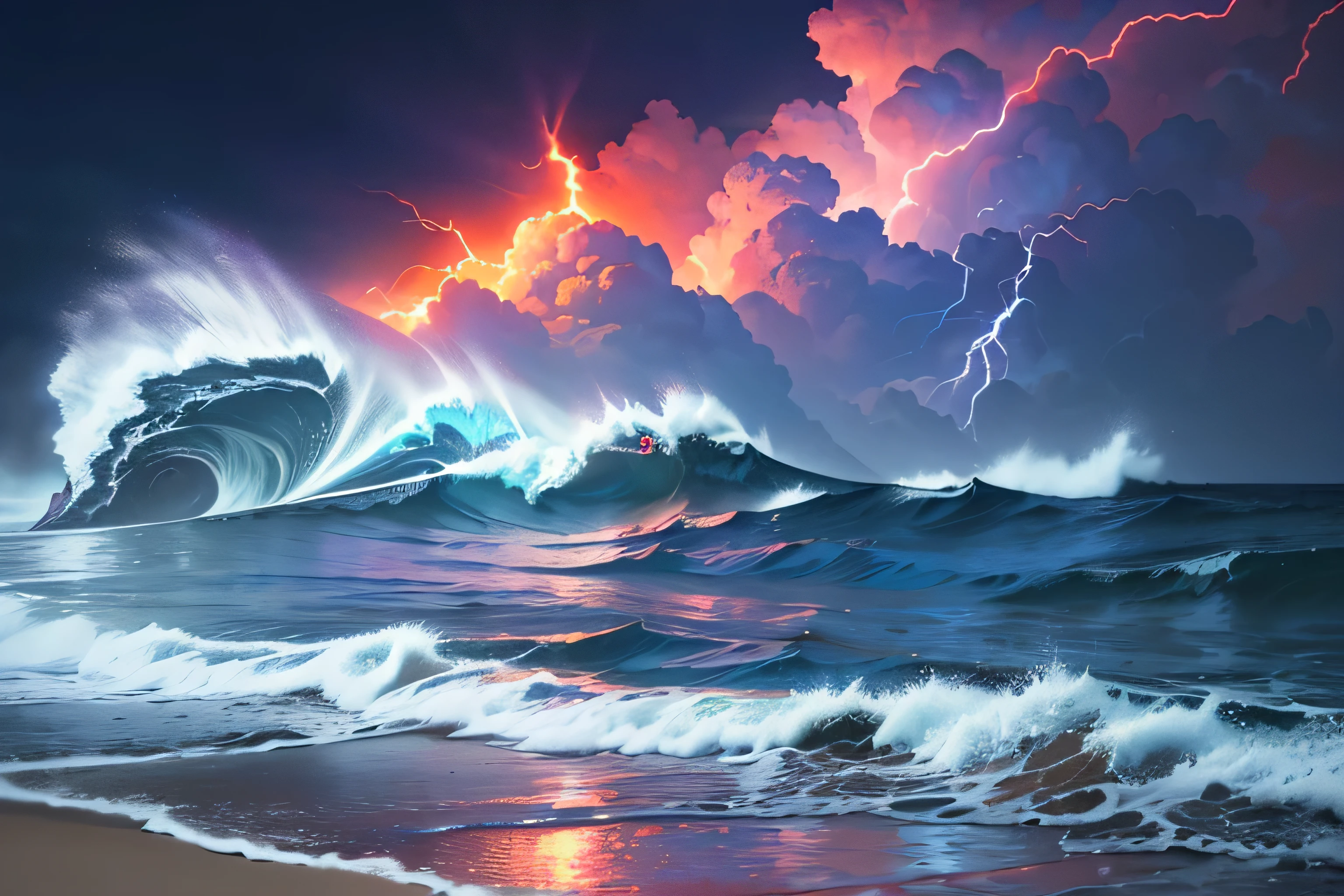 (highest quality,4K,8k,High resolution,masterpiece:1.2),Super detailed,(Realistic,photoRealistic,photo-Realistic:1.37),Dark blue background, Stormy Coast, Continuing sandy beach, Red Sky, Many flashes of lightning, Product Showcase, Vibrant colors, Dramatic lighting