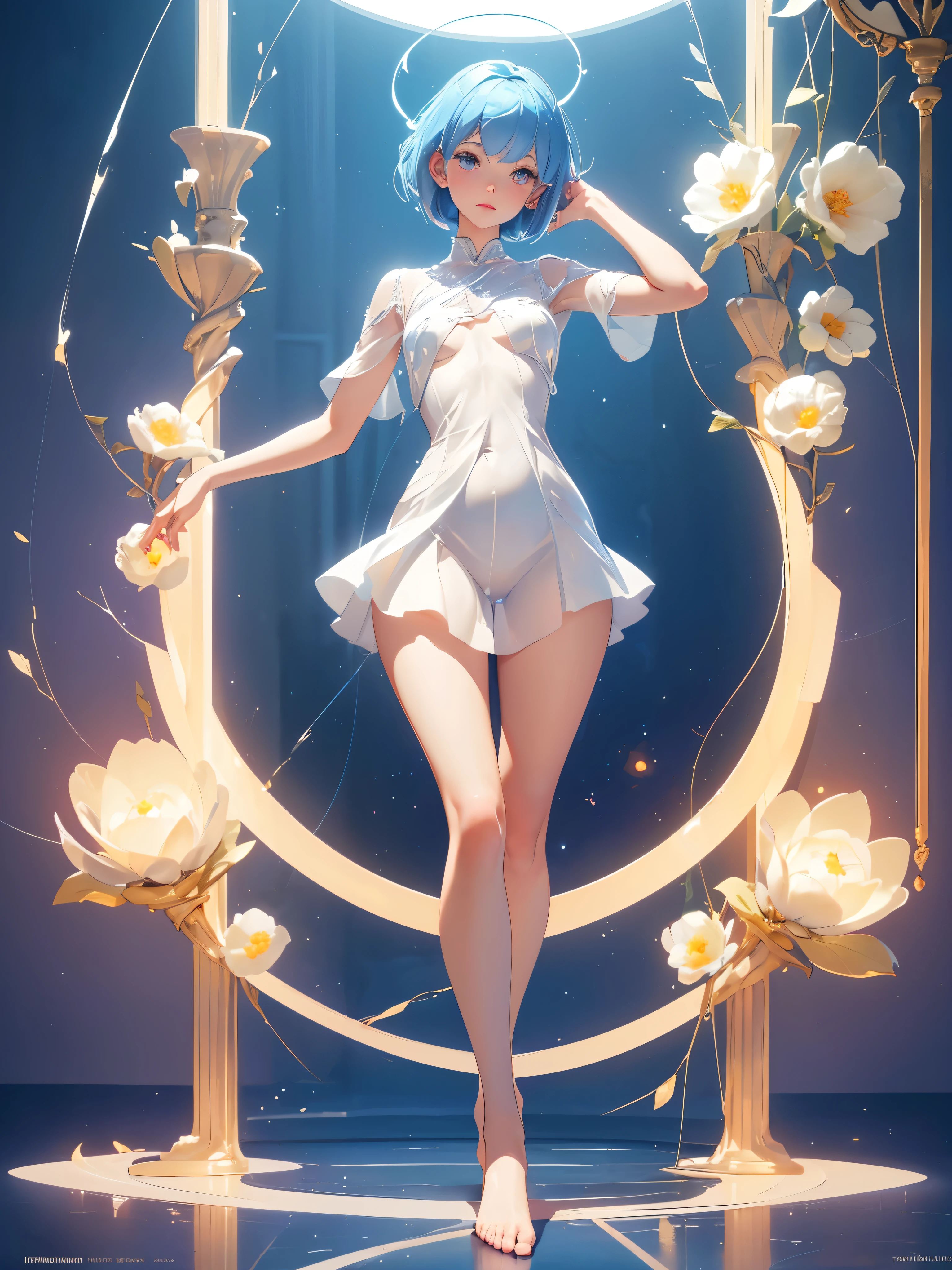 girl, light transparent dress, short dress, (shiny skin), long legs, bare feet, (((full body))), (small breasts, big hips), anatomically correct, short hair, blue hair, naughty face, highly detailed face, beautiful eyes, shining eyes, standing still, relaxed pose, picture from the upper view, top view, ((ultra 4k)), detailed picture, color background