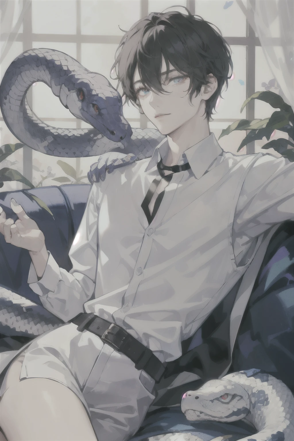 masterpiece, best quality, ultra detailed, (solo man), (male focus), ((Oblong face)), ((Square jawline)), black hair, ((hairs between eyes)), ((shoulder length)), ((narrow blue eye)), fair skin, skinny body, beauty mark, {uniform, outfit, clothes}, dress shirt, (Relaxing with a big albino snake), (Giving an insincere smile:0.7), on sofa