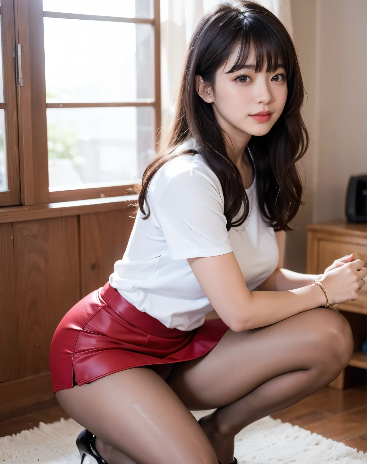 (8k, RAW Photos, highest quality, masterpiece:1.2), Super Resolution, (Realistic, Realistic Photo:1.37), whole body, 頭からつま先までwhole body, High-resolution RAW color photos, Professional photos, Very detailed, 8k wallpaper, Very detailed美少女, Very detailed顔, Very detailed目, Very detailed肌, Very detailed指, Very detailed鼻, Very detailed詳細な口 , Very detailedな脚, Perfect Anatomy, Very detailed背景, Very detailed衣服, 1 girl, (18:1.2), Age 25, Fair skin, Oily and shiny skin , Curly Hair, (bangs:1.2), smile, Cute Face, Realistic face, Chibi T-shirt, Micro Mini Skirt, Squat with your butt facing the camera, Dynamic Lighting, Very large breasts, stockings, High heels