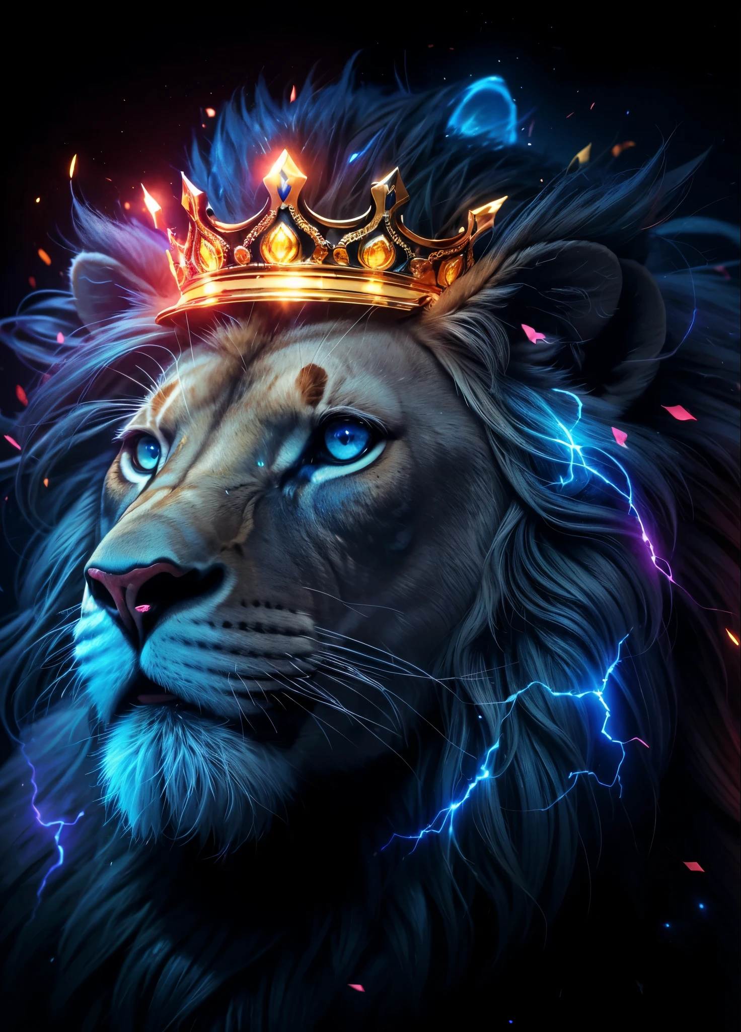 Lion, Divine Lion, naturais, thunder Azul, Realistic Lion, rei, Realista detalhado, Realista detalhado 16k, Eletricidade Detalhada 8K, Texturas realistas de 8K, Cores fotorrealista 8K, fogo azul, Realista detalhado Fire Bolt, Poder Preto e Azul, Poder do thunder, Realistic Divine, Coroa Dourada, Coroa de Ouro, Golden Crown, Natureza, Linda, Rendering, fotorrealista, UltraHigh definition, 4k, texturasdetalhadas, thunder, sombras detalhadas, cores detalhadas, neon blue, Luz azul, Raios, Poder azul, Natureza Linda, Grande Divino, Luz azul, thunder Azuls, Coroa Rei, raio, Electric Power Screw, contraste detalhado, Contraste realista, high resolution, cores detalhadas, fogo, eletricidade, divina criatura, 8K, Realista detalhado, 16k, 8K, High definition, contraste detalhado, Contraste realista, high resolution, cores detalhadas, fogo, eletricidade, divina criatura, 8K, Realista detalhado, elegante,