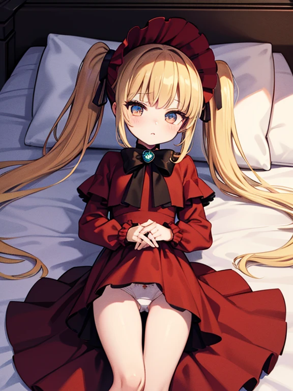 masterpiece, highest quality, Very detailed, 16k, Ultra-high resolution, Cowboy Shot, One 8--old l, Detailed face, Perfect Fingers, Golden Eyes, Blonde,  Original Costume, Twin tails, bonnet、Red dress、White Panties Western-style House, bed, Lie on your back