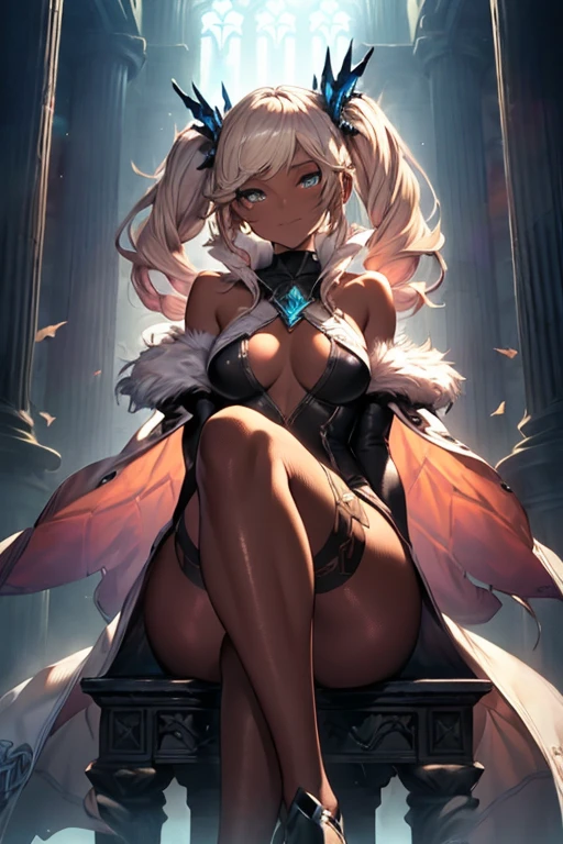 Western-style castle,indoor,Throne Room,Sitting on a giant broken throne,Stone pillars,Huge stained glass,Cinematic,dark,Spotlight, Fantasy,Sexy aqua fur coat, Aqua fur coat outfit,High resolution,Sharp focus,(Super detailed,Very detailed),(Very detailed CG unity 8k wallpaper),(((Vibrant colors))),
gran blue fantasy,Iooiklas,Platinum Blonde Hair,Twin tails, hair ornaments, (Flying debris, 超High resolution),Wear an iridescent aura,
Invisible Light, Amazing shine, Neon orange glow, The colors of another world,Bright colors, Ghostly Effects,
Complex eyes,Beautiful fine details,Symmetrical eyes,Big eyes:1.5,Seductive eyes, (((dark skin,dark_skin,lustrous skin:1.5,bright skin: 1.5,
skin tanned, shiny skin,very shiny skin,Shiny body,plastic glitter
skin,exaggerated shiny skin,illuminated skin))),
(,Detailed body,(Detailed face)), cute,Lewd,erotic,Bold,Camel Toe,
Revealing clothing,show skin,pantyhose,Black knee socks, Removable sleeves,Open your mouth,Arrogant look, Domineering smile,from below,sit,Spread your legs wide,Stand on one knee,
nude, erection of nipple, open vagina, glowing pink pupils, tattoo, glowing tattoo, completely nude,