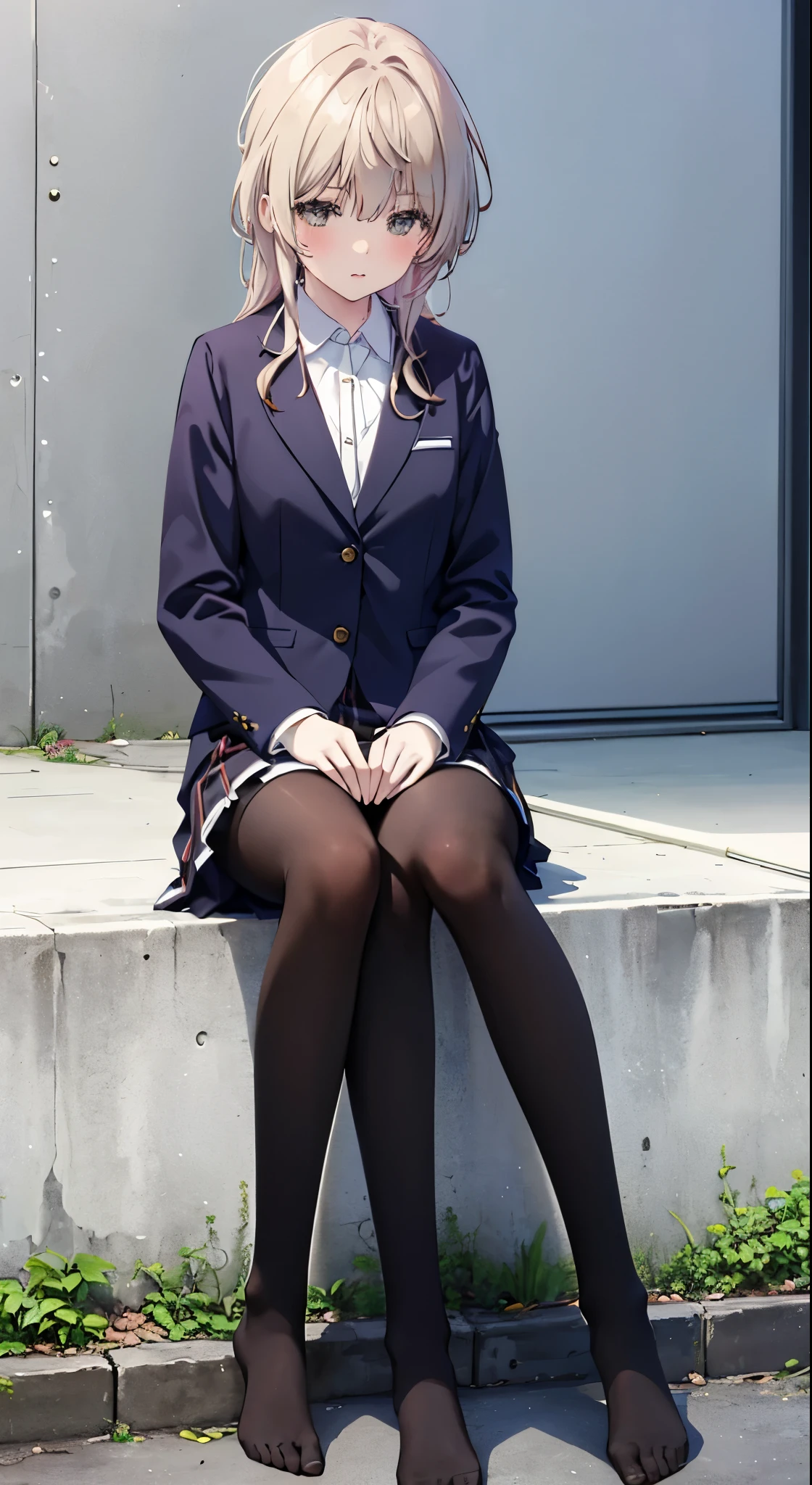 Top quality, masterpiece, High resolution, (Head to toe full body), front, frontやや下からの構図, Symmetric, Tall 18 year old girl, alone, (Head to toe), (Small breasts), Unkempt brown hair, bangs, (black tights), (Black Pantyhose), (Sit with your legs apart), (Crouching pose), (A composition showing white panties), (her legs spread、White panties are visible.), (Sit on the floor with your legs spread), (M-shaped feet), Thin legs, A very beautiful and tall 18 year old girl, (No shoes), blush, Shy big eyes, looking at the camera, Blazer uniform, Checkered pleated skirt