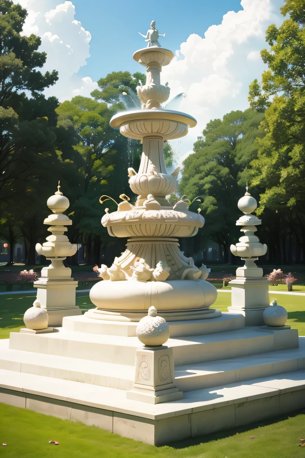 An anthill like a white chocolate fountain、Cherries spinning around, And the front, There are statues of fairies on either side