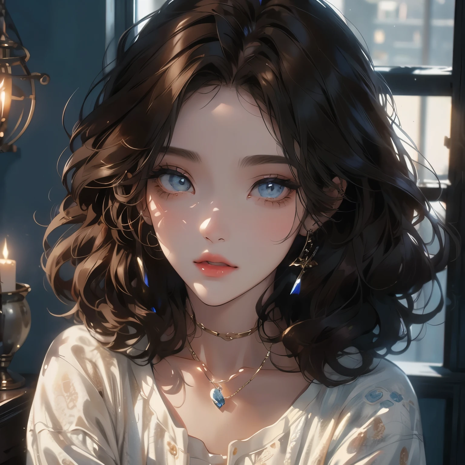 portrait of a Beautiful girl with brown curly hair beautiful face, short hair, blue themed room, blue lighting,, cat eyes, eyeshadow, volume hair,rblue shiny clothes