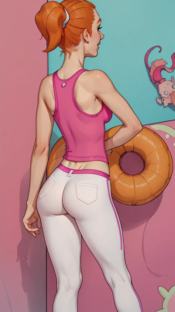 summer.smith, orange hair, 1girl, ponytail, solo, pink tank top, white pants, breasts,looking at viewer,standing, full body, facing away, ass, from behind, tight ass, tight clothes, shexyo, spread ass, looking on viewer, smiling