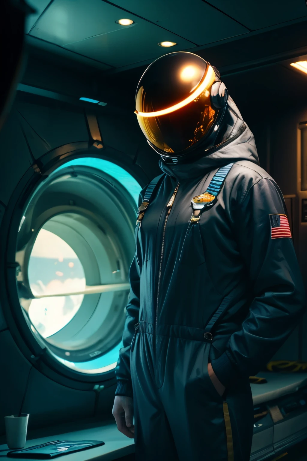 1_A man with glasses ((sports _ overalls)) , leotards, pajamas, space suit. Mandatory sporty style, three stripes on the sides, on the chest the emblem of the sports space team. Space, astronaut, sport, tester.
   2_He wears an intricate hood stylized with octopus tentacles, (octopus in a spacesuit), wearing a futuristic space outfit, Venus squid astronaut, Cyborg octopus, Sci-fi costume, Biopunk costume, ((Futuristic sports tech clothes, Future jacket)), Wearing space overalls for sports, active work, competitions, olympic champion, intellectual, Futuristic biopunk wardrobe, Sci-fi suit, Clothes from the future, Technical suit, Octopus Super Nova.
3_High image quality, 4K | Ultra HD | Full HD, cinematic rendering, 3D visualization - a masterpiece, TOP computer graphics ART. High texture detail, fabric, material, nylon, nanofiber, thermal suit, texture, high quality, (shades of gray, with blue, white, inserts). Film grain, dust, and particles in the air.
4_ Background environment; spaceship cabin, sports equipment, cyberpunk, male style. Studio light, lateral, contrast cold shadows, and warm golden light. Behind the character is a large porthole with a view of infinite space, distant galaxies, the brilliance of stars, a hot star - a flaming ball, alien worlds, and extraterrestrial civilization.