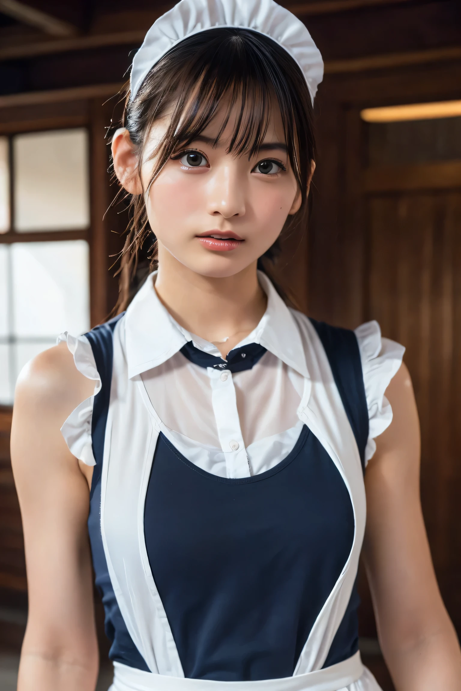 (8k, RAW Photos,highest quality, High resolution:1.1), (Ultra-realistic:1.4),(Realistic, Realistic:1.3),The Beauty of Japan、Rhythmic gymnastics club、Rhythmic Gymnastics Uniform、((Upper Body:1.3)),holding panties ,Maid Cafe、((Maid:1.3))