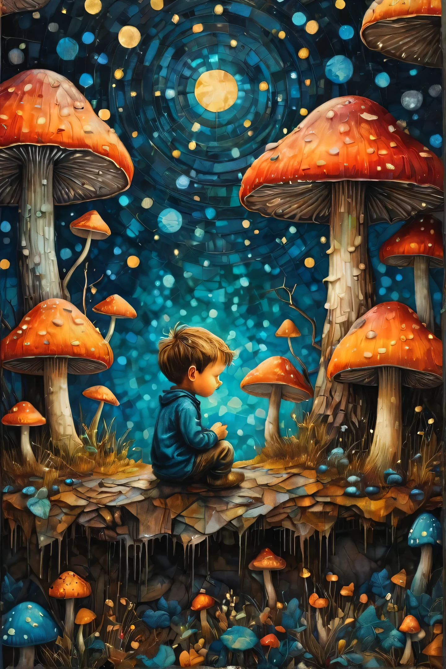 Fine art, oil, highest quality, A dark tale, Van Gogh-esque Cape Town, (peep land:1.2)、Starry Sky, mushroom、mushroom、And Mumford, Andy Kehoe, 2D, flat, cute, Adorable, Vintage, Art on cracked paper, patchwork, Stained glass,  fairy tale, Detailed illustrations of storybooks, Cinematic, Very detailed, The finer details, Beautiful details, Mysterious, Luminism, Vibrant colors, Complex background