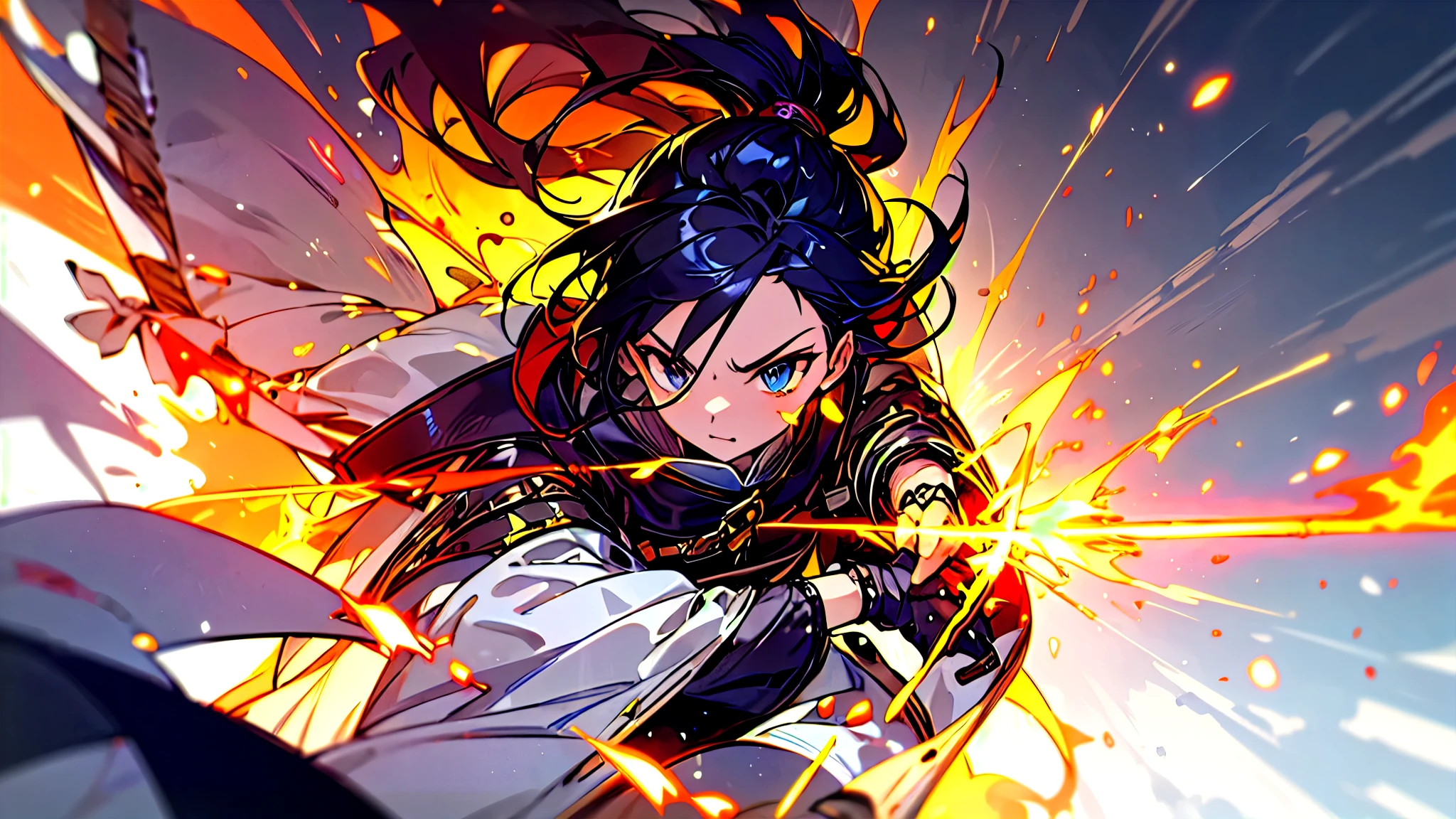 highest quality、anime、Medieval Europe、Fantasy、A female adventurer determined to face her enemies on the battlefield.、Background flames、Cut through the flames with a sword、High tension and dramatic atmosphere、Vibrant colors