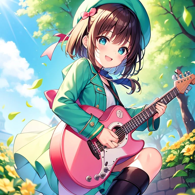 Sweet and cute chubby ,alone,,Chibi,Adorable,smile,Open your mouth,Floral,Exterior,Beautiful garden,The sun shines,Blue sky and white clouds,A flock of geese flying in the sky,play the guitar,music,beret,With a guitar,coat,Blush Lash,wood,Green Shirt,Long Red Dress,Black boots,Light brown hair,Smile,Short fine hair,Sakura NS,Green hat,Blurred,Brown haired,Brush Sticker,Long sleeves,With bangs,earphone,Pink Flower,Reality Technology for Outdoor Carnival Events,Stage performance using reality technology(Beautifully detailed face),(Beautiful and delicate eyes),